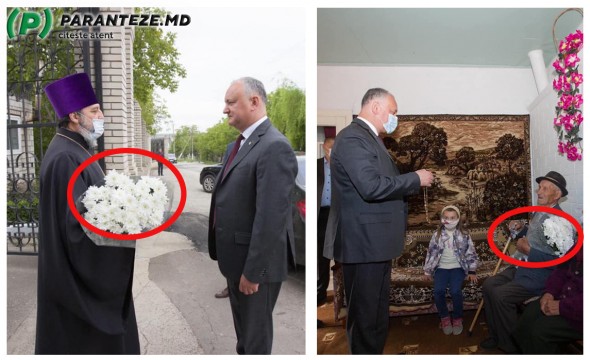 Buchetul călător: Președintele ia flori de la părintele Pavel de la Drochia și le dăruiește apoi unui veteran din Glodeni?