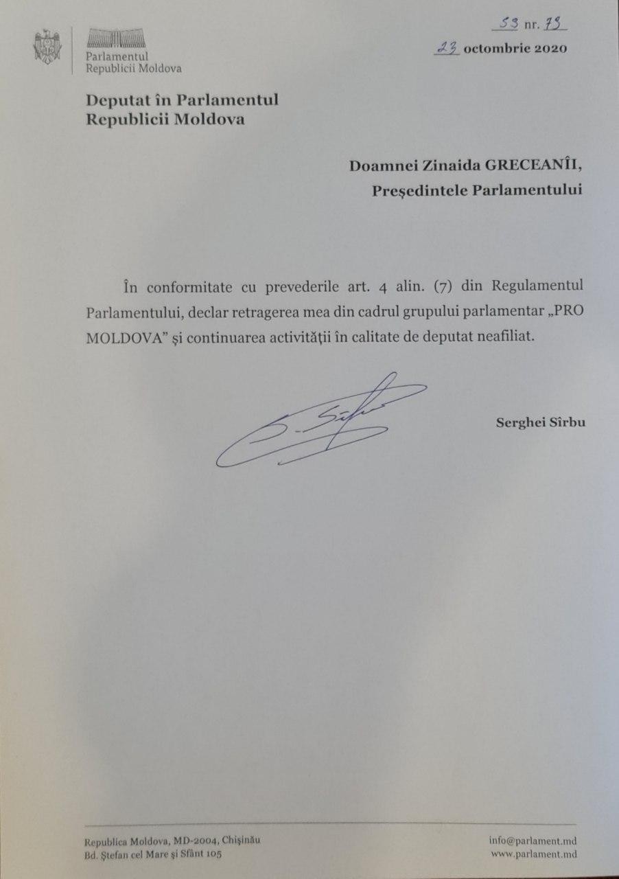 BREAKING NEWS // (DOC) Sergiu Sîrbu părăsește rândul deputaților din Pro Moldova. Ce va face mai departe deputatul