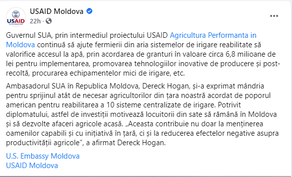 Guvernul SUA continuă să ajute fermierii din aria sistemelor de irigare reabilitate să valorifice accesul la apă