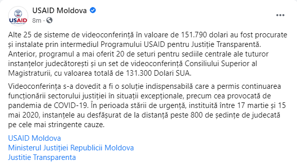 25 de sisteme de videoconferință procurate și instalate prin intermediul Programului USAID pentru Justiție Transparentă