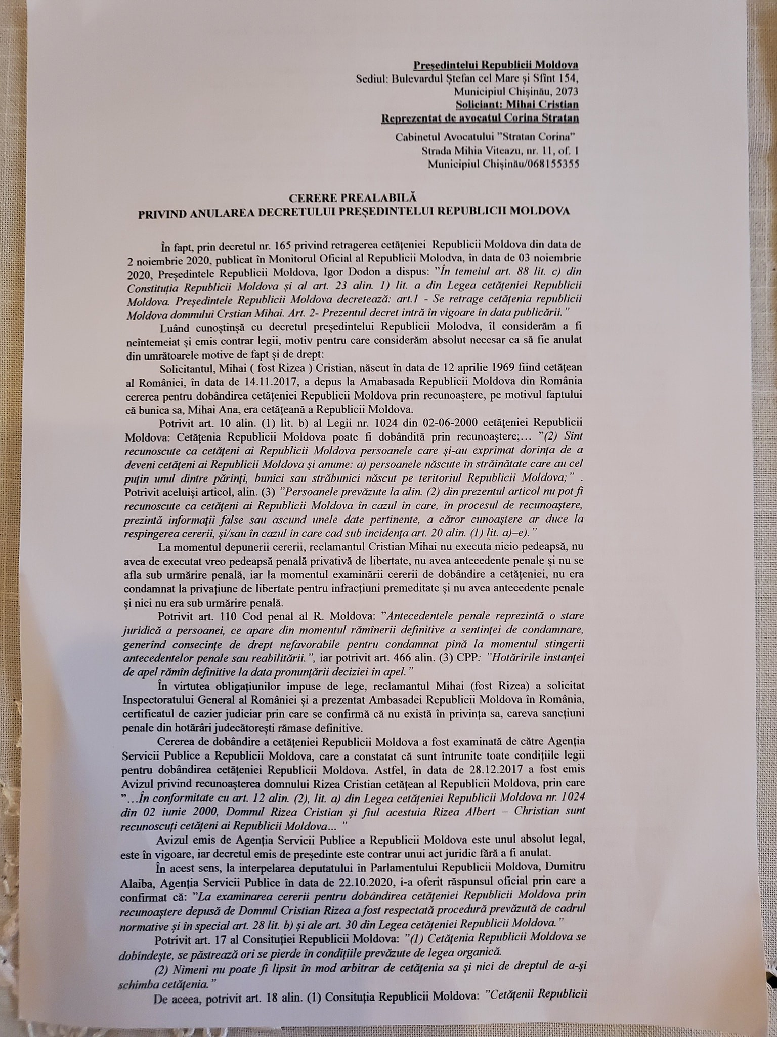Cristian Rizea atacă în judecată decizia semnată de Igor Dodon prin care i-a fost retrasă cetățenia Republicii Moldova