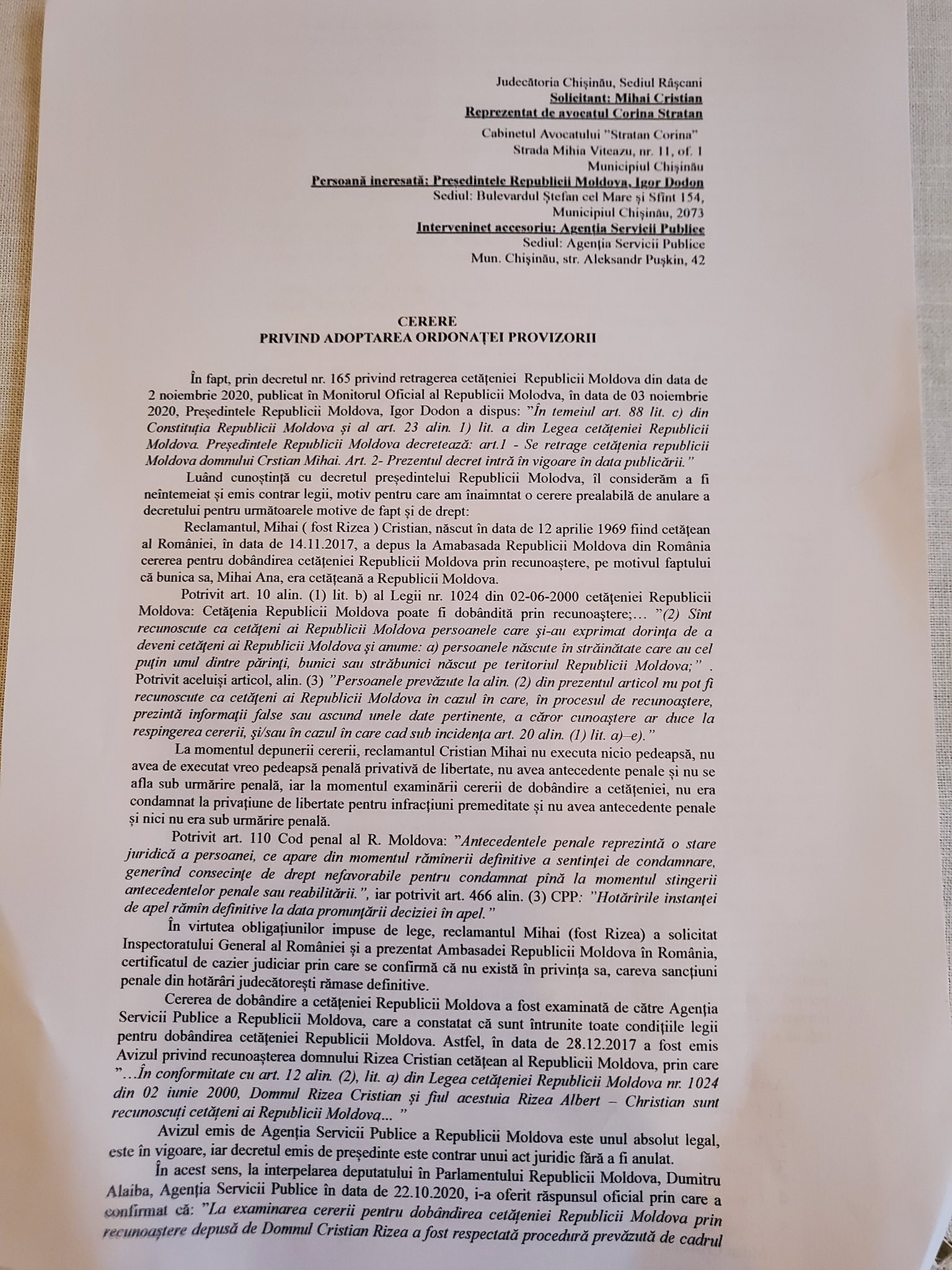 Cristian Rizea atacă în judecată decizia semnată de Igor Dodon prin care i-a fost retrasă cetățenia Republicii Moldova