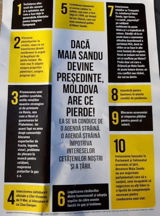 FOTO // Bătălia pliantelor false. Echipa Maiei Sandu și a lui Igor Dodon se acuză reciproc de tipărirea unor pliante denigratoare