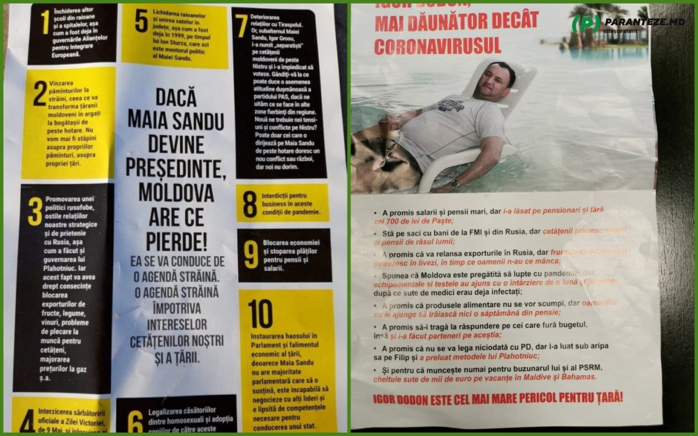 FOTO // Bătălia pliantelor false. Echipa Maiei Sandu și a lui Igor Dodon se acuză reciproc de tipărirea unor pliante denigratoare