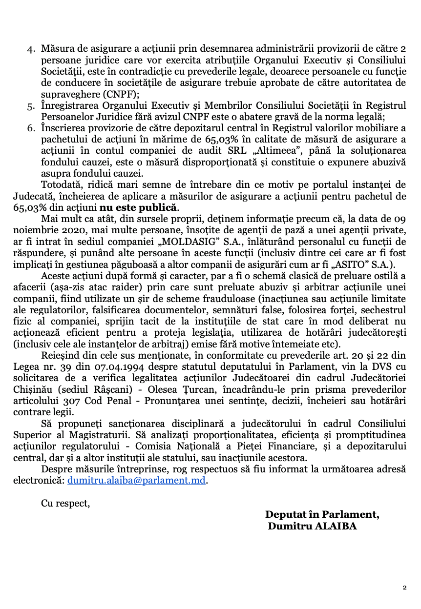DOC // Un deputat al fracțiunii PAS sesizează Procuratura despre un presupus ATAC RAIDER asupra companiei Moldasig
