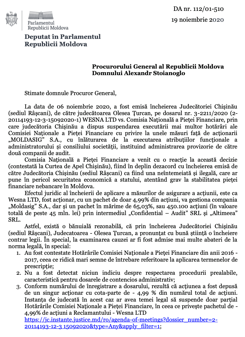 DOC // Un deputat al fracțiunii PAS sesizează Procuratura despre un presupus ATAC RAIDER asupra companiei Moldasig