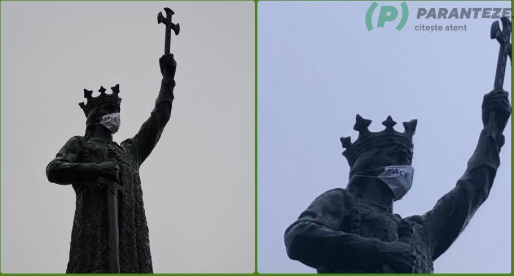 FOTO // Top monumente „protejate" de COVID. Ștefan cel Mare de rând cu alte statui din lume dotate cu măști de protecție