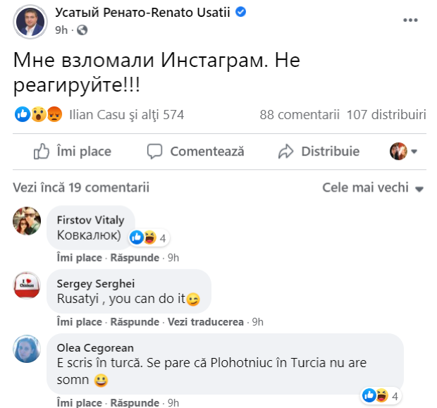 FOTO // Renato Usatîi a rămas fără contul de Instagram. Mesajele necenzurate postate