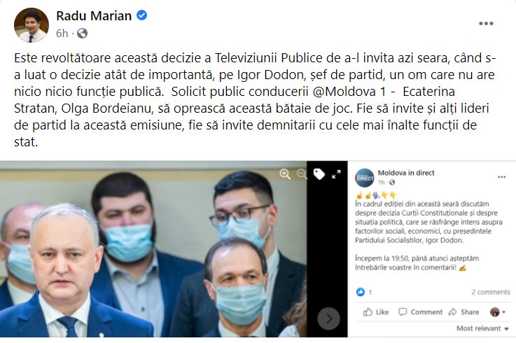 Protestul PAS împotriva Moldova 1 care l-a invitat pe Dodon la o emisiune: „Bătaie de joc” și „lipsă totală de respect”