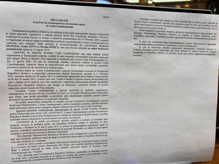 BREAKING NEWS // Declarația PSRM-ȘOR privind recunoașterea caracterului captiv al CC, votată de 54 deputați. Deputat: Nu are efect juridic
