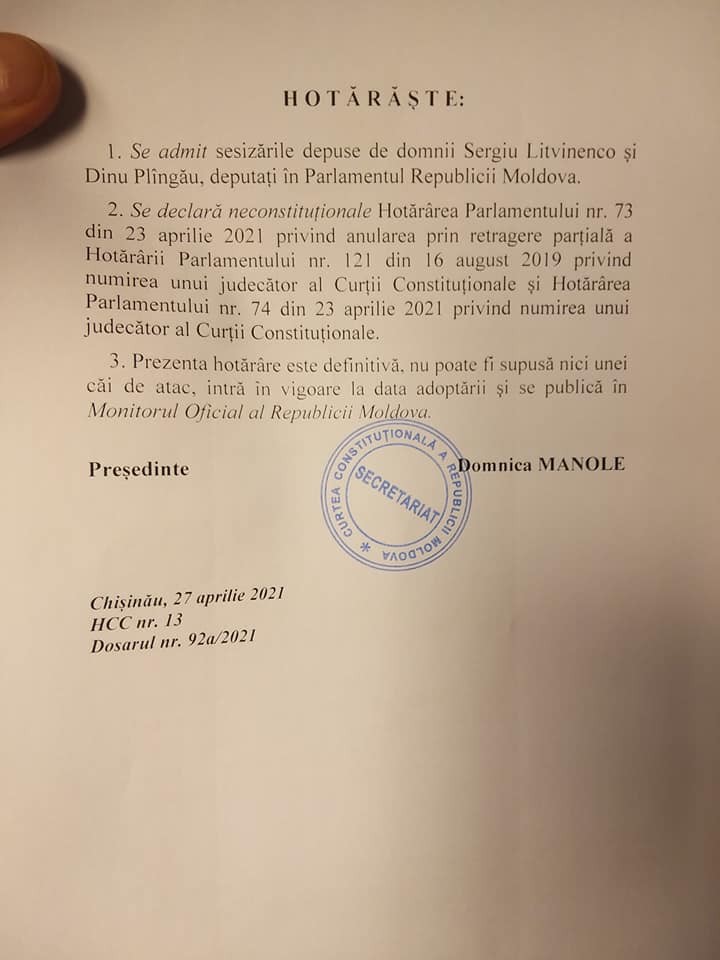 Breaking News // Curtea Constituțională declară neconstituționale hotărârile privind revocarea Domnicăi Manole și numirea lui Boris Lupașcu