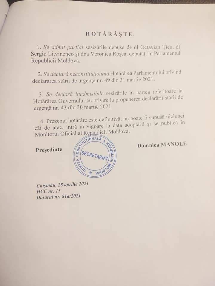 BREAKING NEWS // O nouă pierdere pentru Dodon. Starea de Urgență a fost declarată NECONSTITUȚIONALĂ