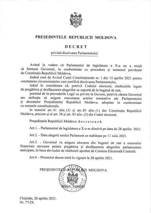Ultima ORĂ // Maia Sandu a semnat dizolvarea Parlamentului. Iată când vor avea loc ALEGERILE ANTICIPATE