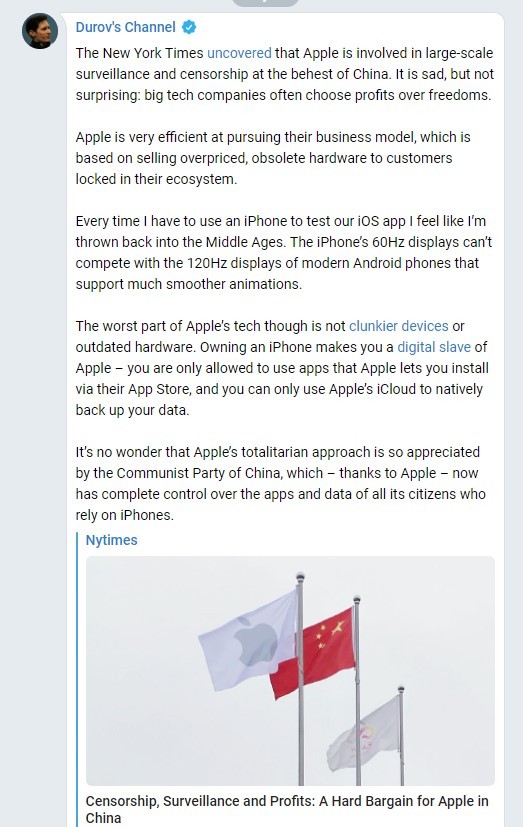 Atacul dur al șefului Telegram: Utilizatorii de iPhone, sclavi digitali ai companiei Apple