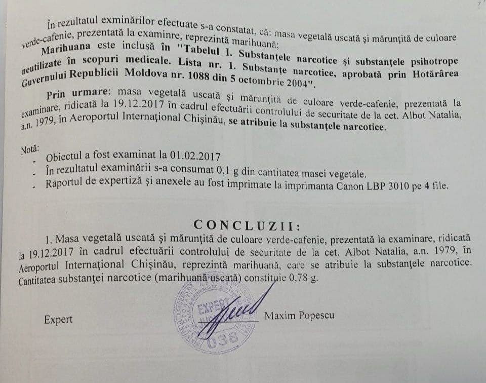 DOC // Poliția a confirmat spusele lui Cavcaliuc. Nata Albot a fost prinsă la aeroport cu marijuană