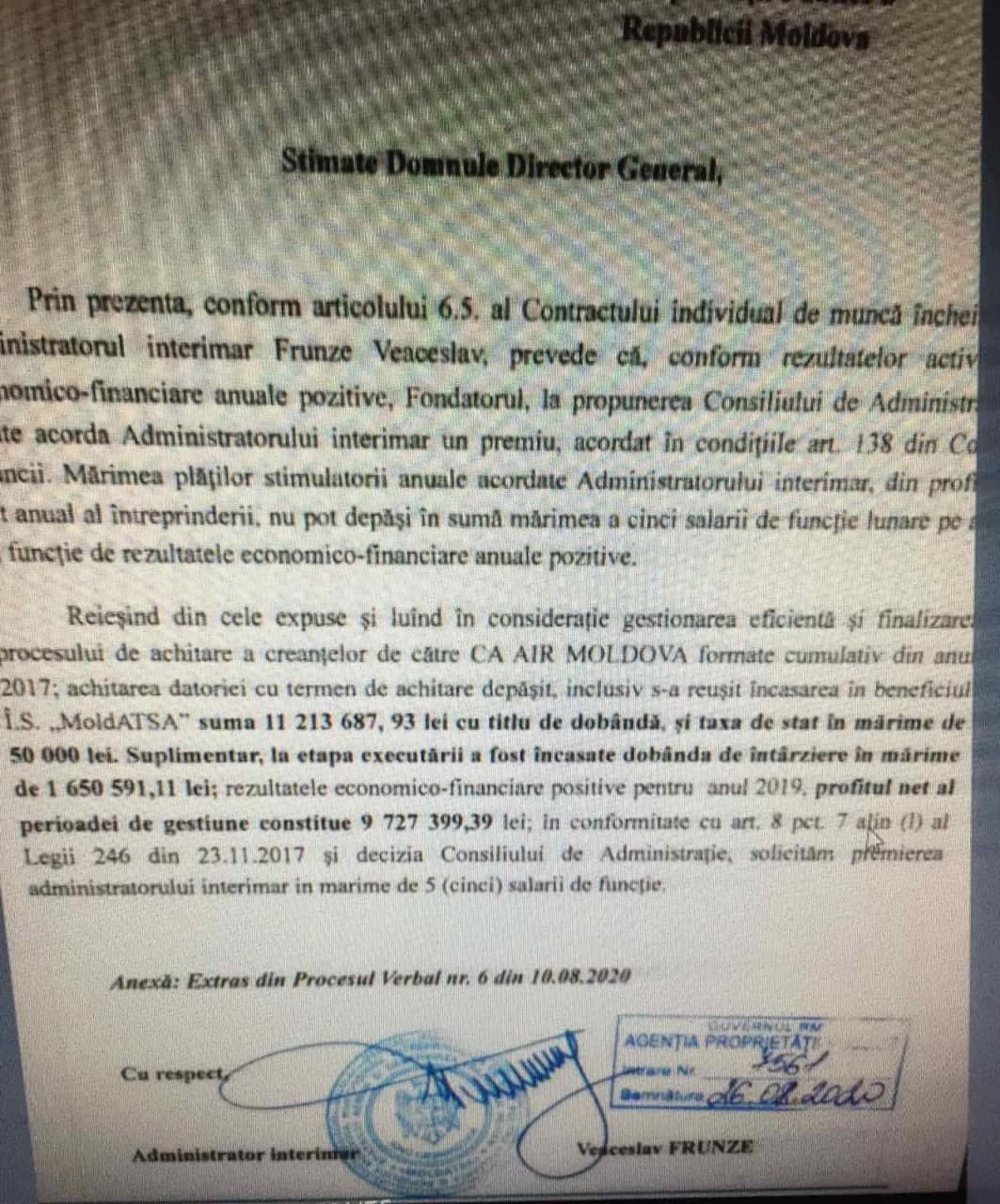 DOC // „Lăcomie fără margini.” Șeful MOLDATSA și-a oferit un premiu de 360 de mii de lei
