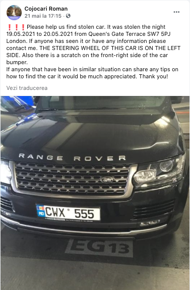 I-au furat Range Rover-ul la Londra. Un moldovean solicită disperat ajutor pentru a-și găsi mașina