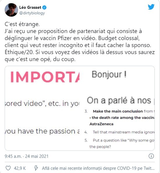 Mai mulți influenceri din Franța susțin că li s-au oferit bani să denigreze public vaccinul produs de Pfizer