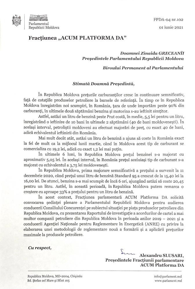 Platforma DA cere convocarea urgentă a ședinței plenare a Parlamentului pentru examinarea situației pe piața produselor petroliere