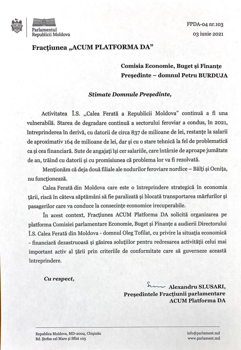 DOC // Platforma DA solicită audierea noului director al CFM, Oleg Tofilat