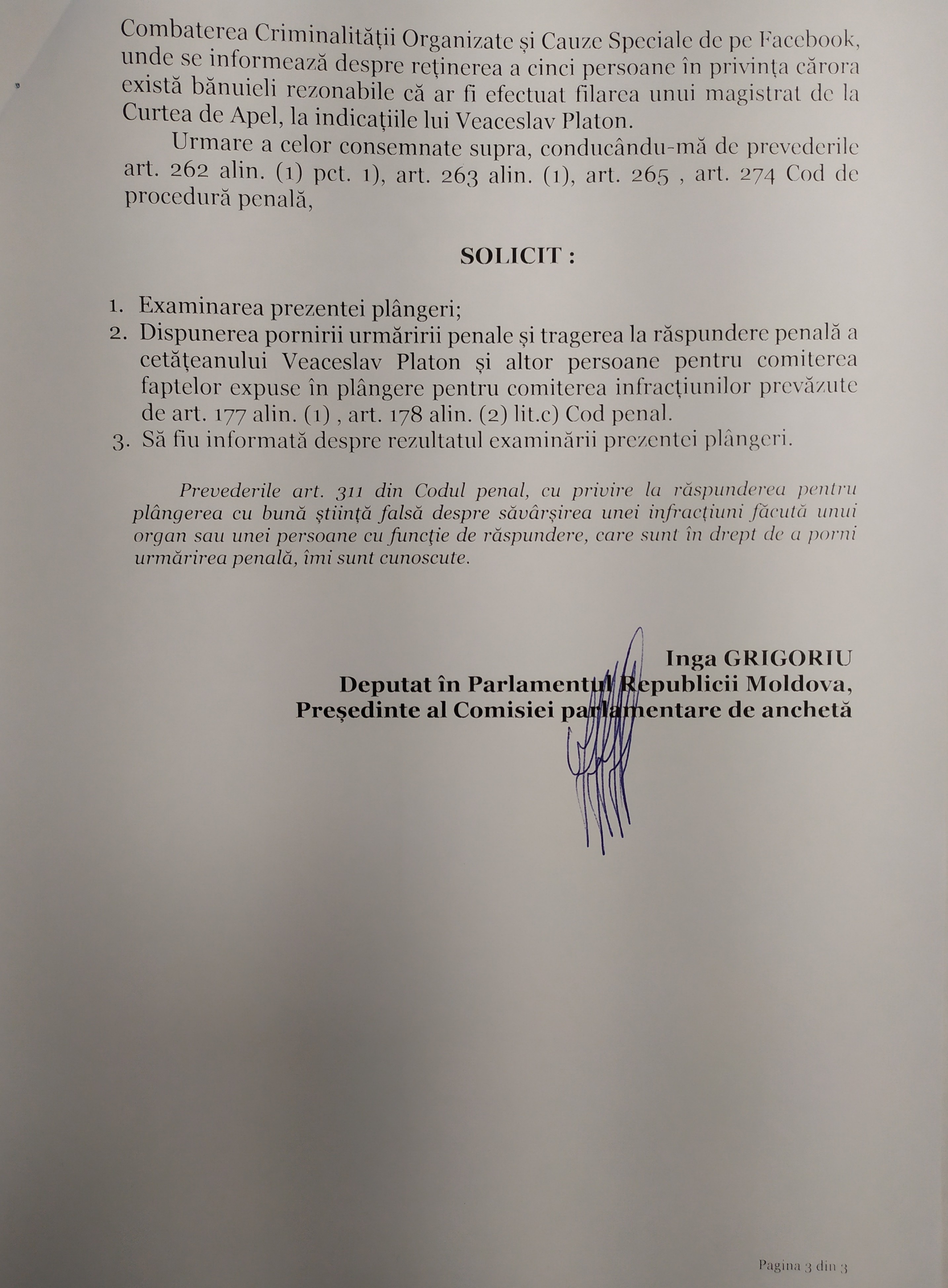 DOC // Inga Grigoriu a depus o plângere la PG solicitând dispunerea pornirii urmăririi penale și tragerea la răspundere penală a lui Platon