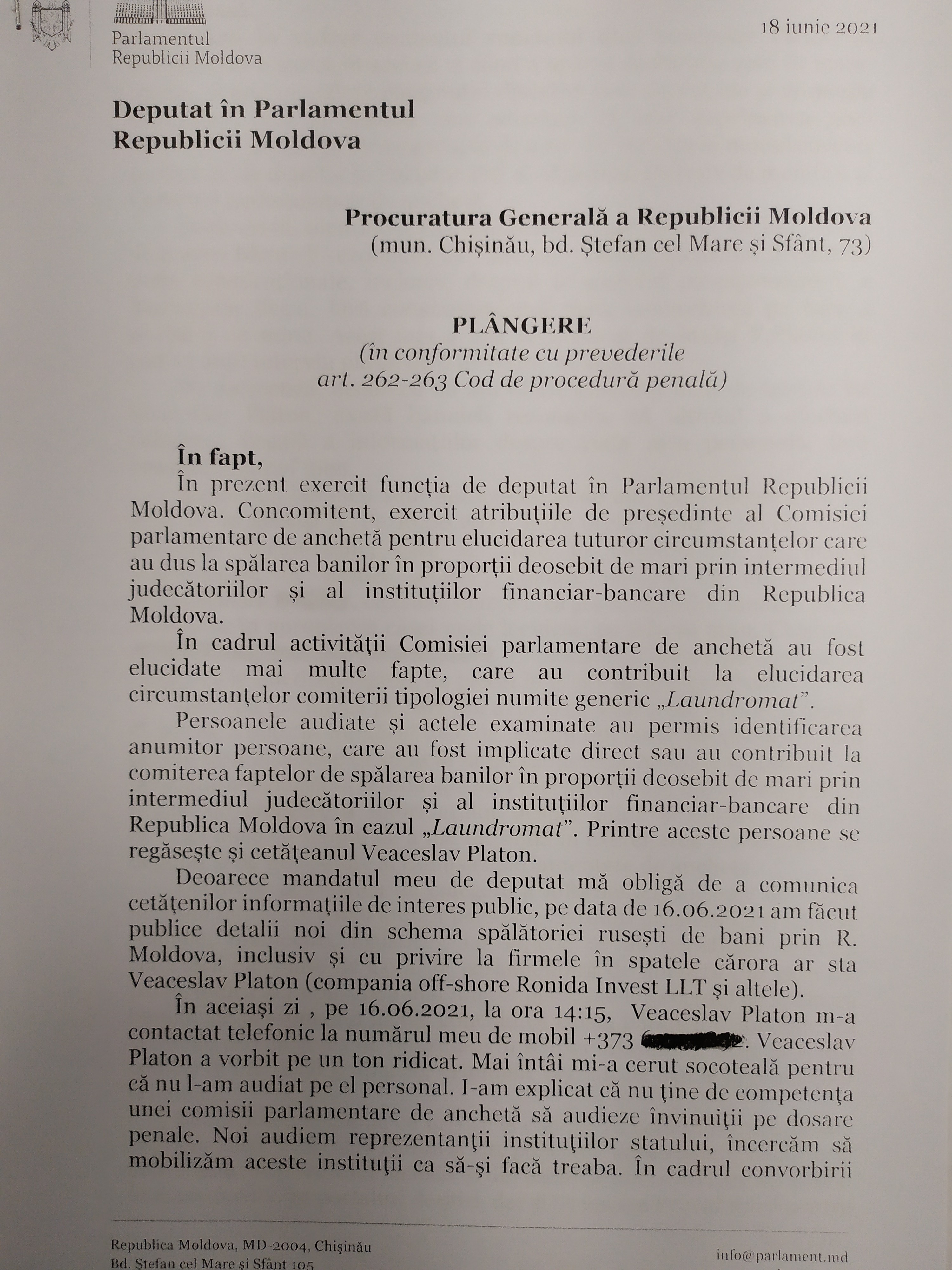 DOC // Inga Grigoriu a depus o plângere la PG solicitând dispunerea pornirii urmăririi penale și tragerea la răspundere penală a lui Platon