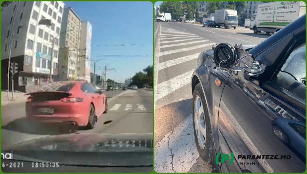 Momentul în care un Porsche ieșit pe contrasens rupe oglinda unui Golf și fuge de la locul accidentului