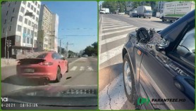 Momentul în care un Porsche ieșit pe contrasens rupe oglinda unui Golf și fuge de la locul accidentului