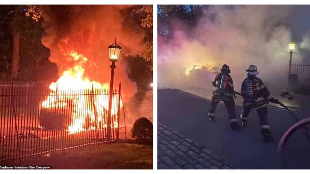 FOTO // O maşină Tesla a luat foc în condiţii bizare. Maşina nu ar fi avut şofer