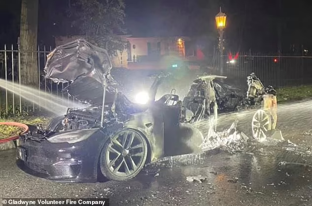FOTO // O maşină Tesla a luat foc în condiţii bizare. Maşina nu ar fi avut şofer