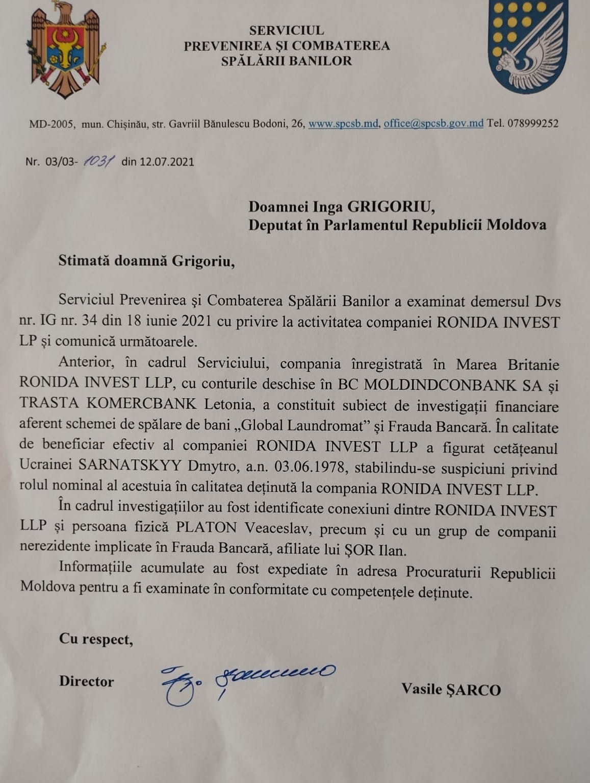 DOC // După SIS, și SPCSB confirmă legătura lui Platon cu frauda bancară