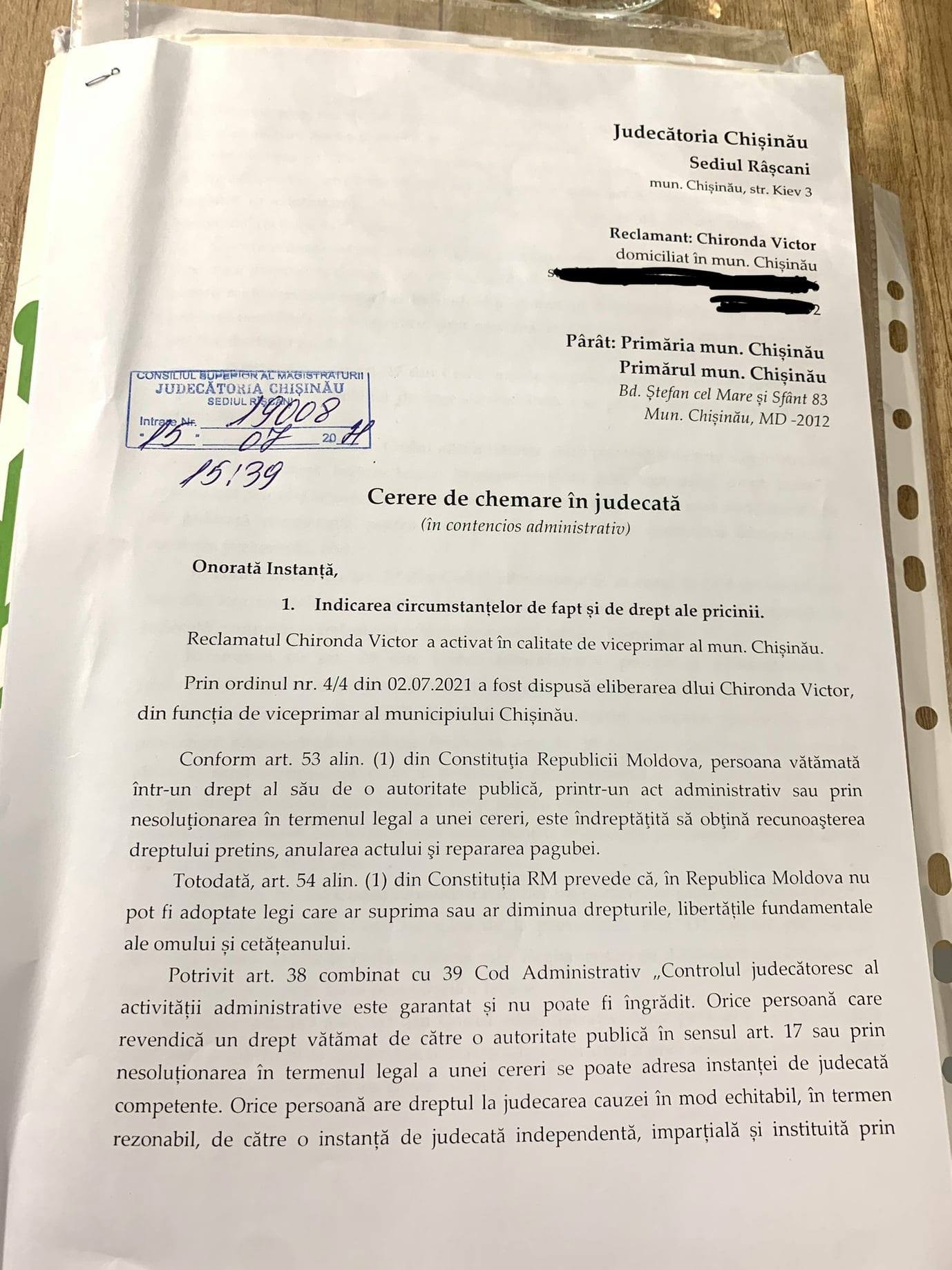 DOC // Se împotrivește demisiei semnate de Ion Ceban. Chironda atacă în judecată dispoziția Primăriei