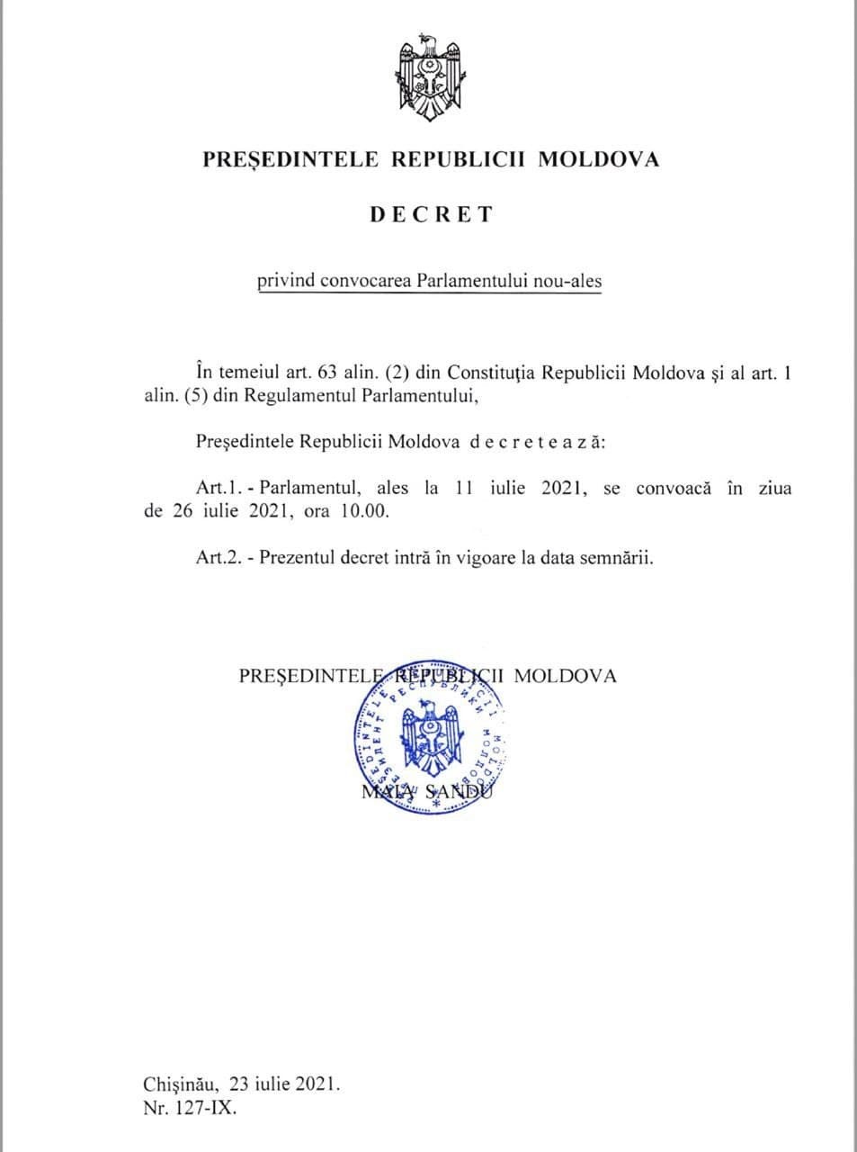 ULTIMA ORĂ // Maia Sandu a semnat decretul privind convocarea Parlamentului nou-ales