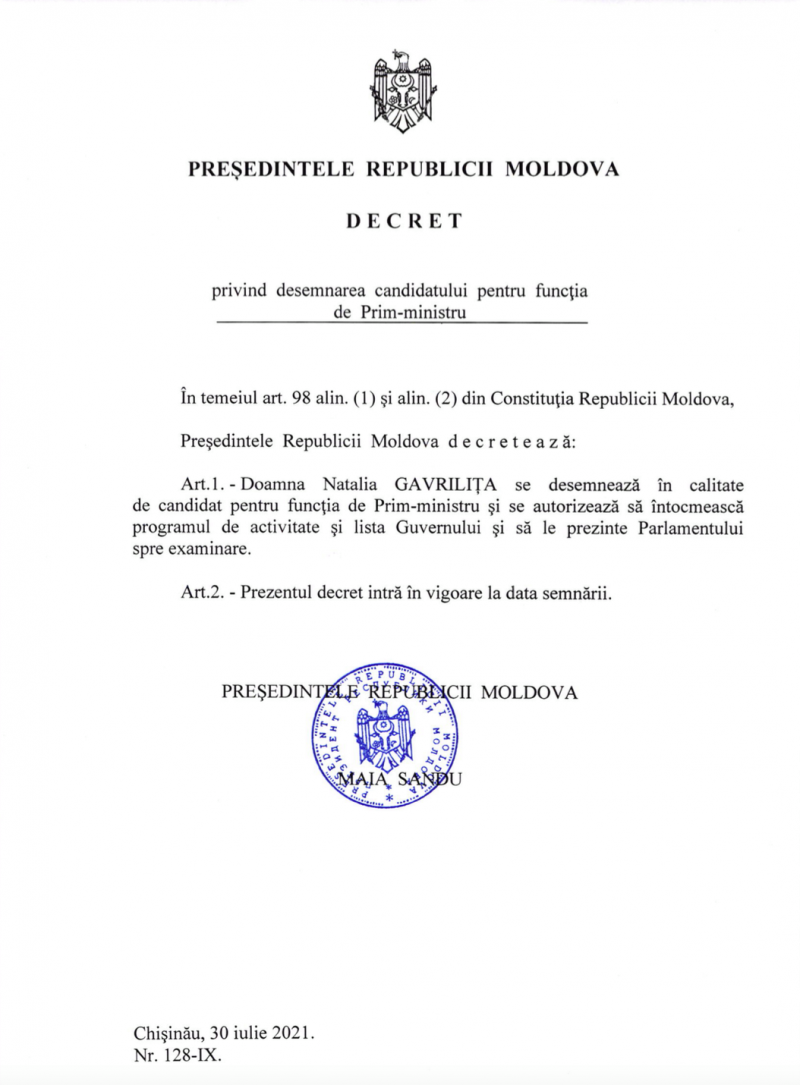 ULTIMA ORĂ // Maia Sandu o înaintează pe Natalia Gavrilița la funcția de Prim-ministru al Republicii Moldova