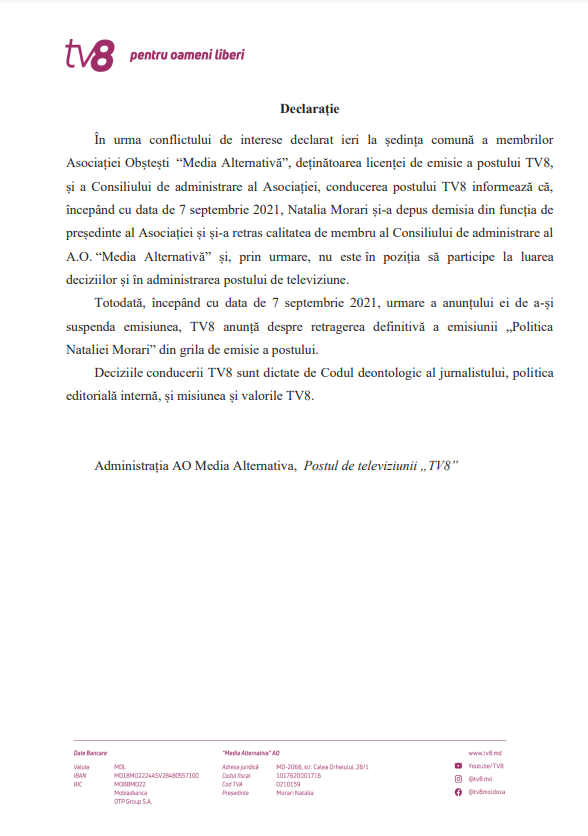 DOC // TV8 anunță despre retragerea definitivă a emisiunii „Politica Nataliei Morari” din grila de emisie a postului