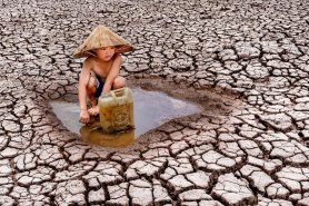 FOTO // Secetă cruntă în Vietnam. Imagini sfâşietoare cu un copil ce strânge ultimele picături de apă dintr-un lac secat pentru a le duce familiei