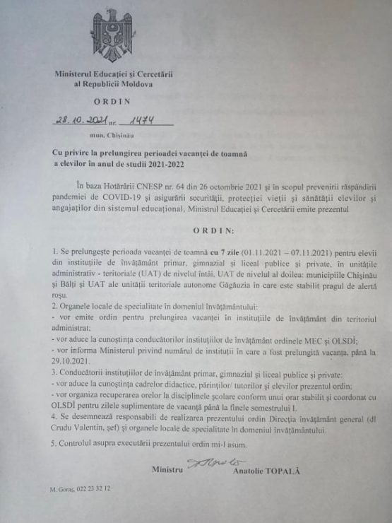 Ultima Oră // Ministerul Educației a prelungit vacanța de toamnă a elevilor