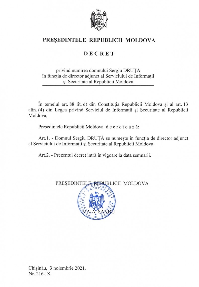 DOC // Maia Sandu a semnat decretul: SIS are un nou director adjunct