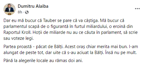 Alaiba despre rezultatul alegerilor de la Bălți: „Mă bucur că Tauber se pare că va câștiga”