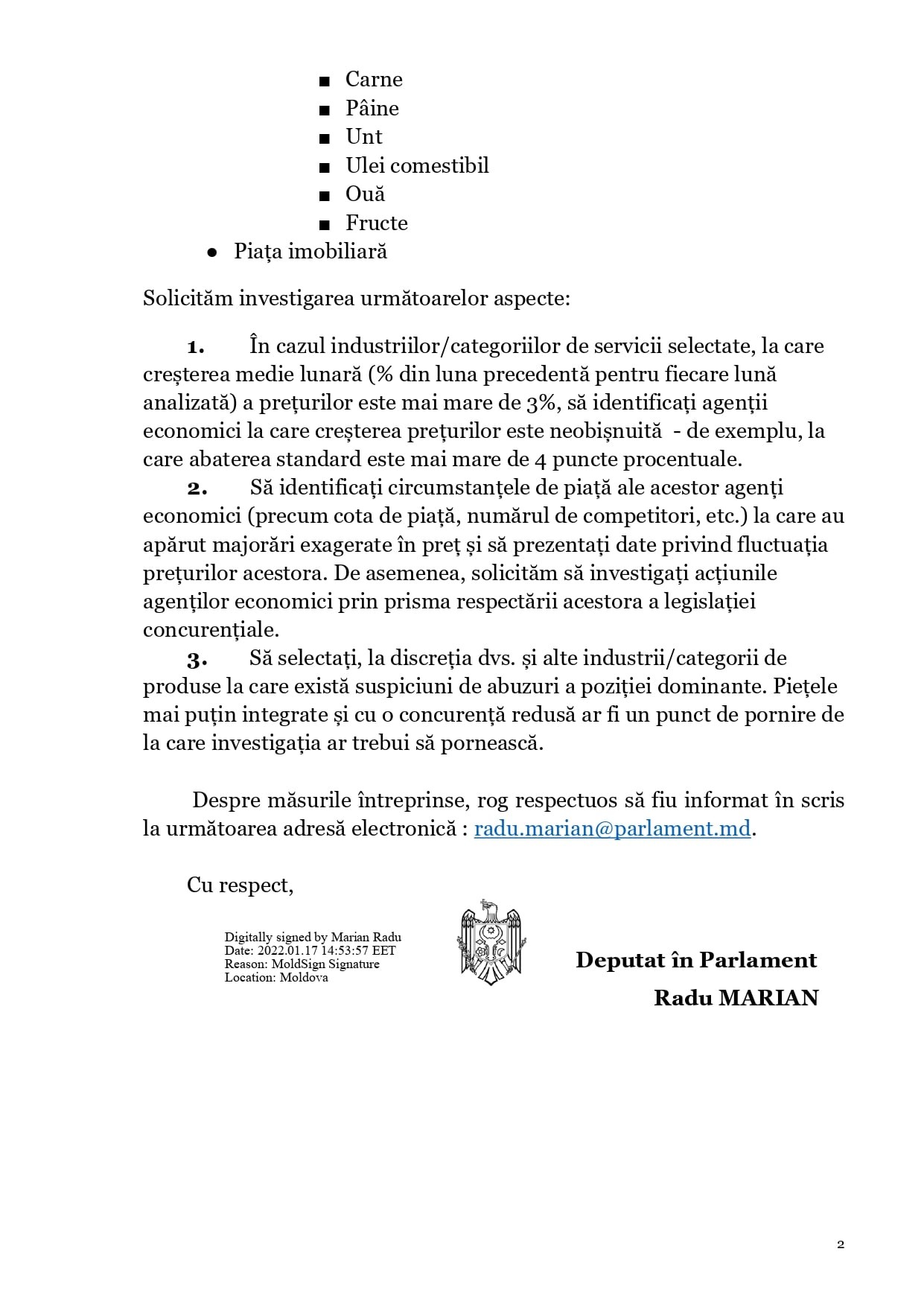 DOC // Creșterea prețurilor: Un deputat PAS a solicitat Consiliului Concurenței să investigheze situația