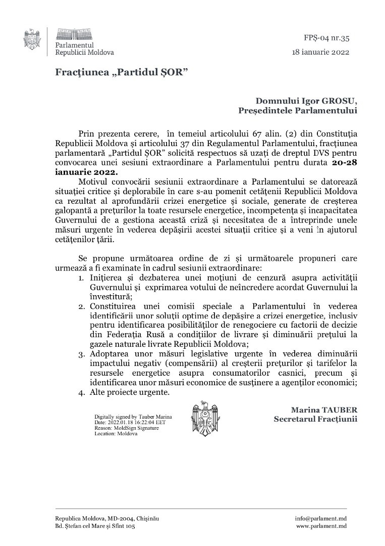 DOC // Partidul „ȘOR” îi cere președintelui Parlamentului, Igor Grosu, convocarea unei sesiuni extraordinare a legislativului