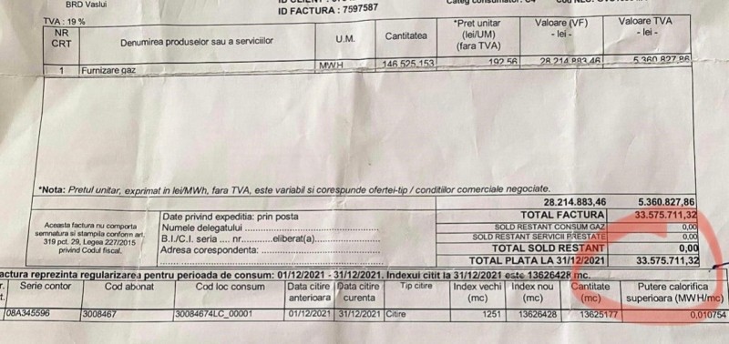 O femeie de 70 de ani a primit o factură la gaze de 134,3 milioane de lei
