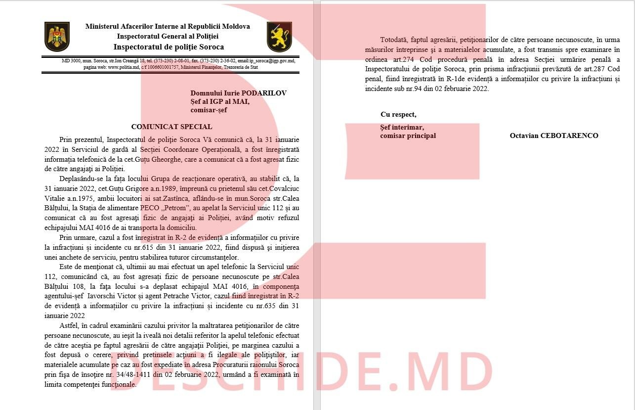 DOC // Două persoane ar fi fost bătute de polițiști chiar în IP Soroca, după ce au fost agresați de fiul unui om de afaceri