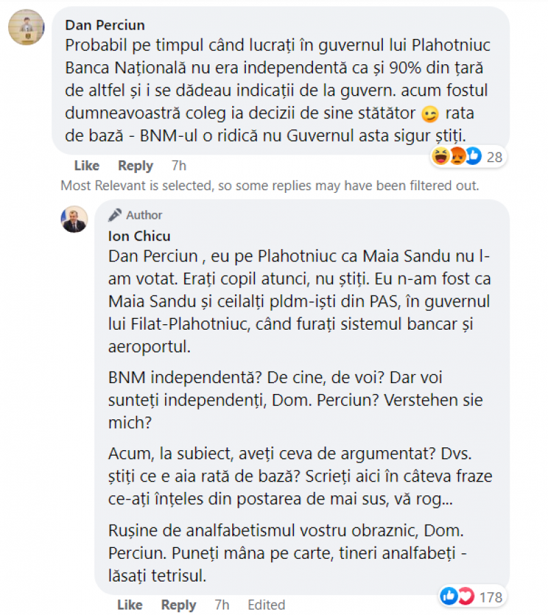 Perciun și Chicu ceartă pe facebook: „Ați lucrat în Guvernul lui Plahotniuc!”; „Tineri analfabeți, lăsați tetrisul!”