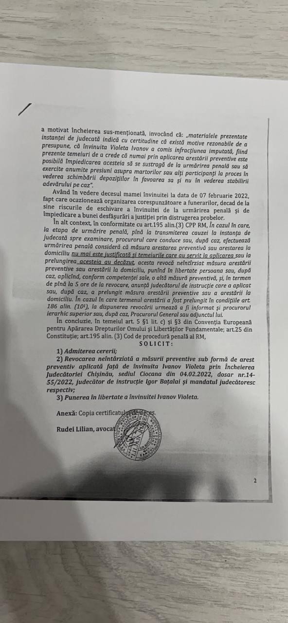 DOC // Solicitarea Violetei Ivanov de a organiza înmormântarea mamei sale, ignorată de procurori