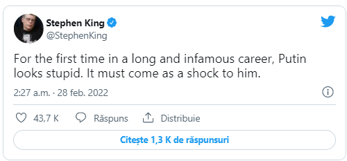 Stephen King: Pentru prima dată, în lunga și infama sa carieră, Putin pare prost. Trebuie să fie un șoc pentru el