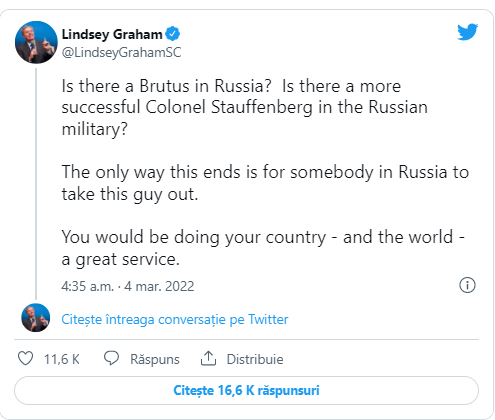 Un senator american cere asasinarea lui Vladimir Putin. "Există vreun Brutus în Rusia?"