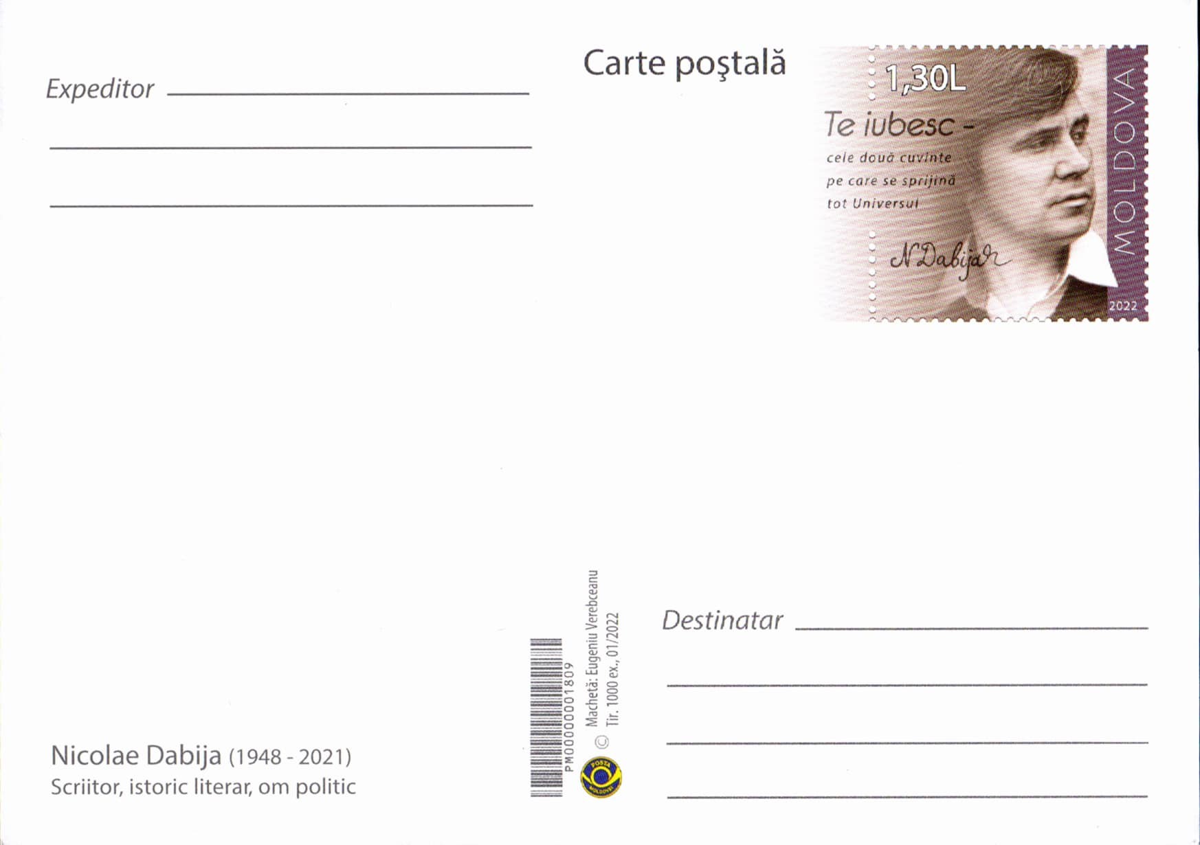 FOTO // În memoria scriitorului Nicolae Dabija: Poșta Moldovei pune în circulație o carte poștală