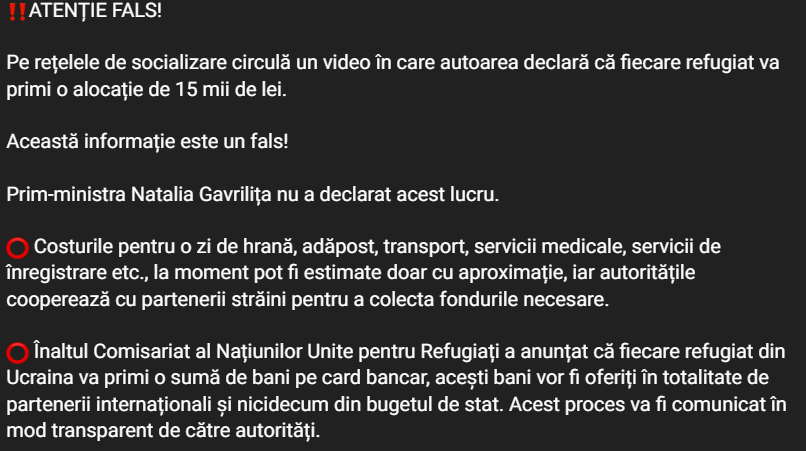 STOP FALS // Autoritățile Republicii Moldova DEZMINT un fals apărut în mediul online: „Refugiații NU vor primi alocație de 15 mii de lei”
