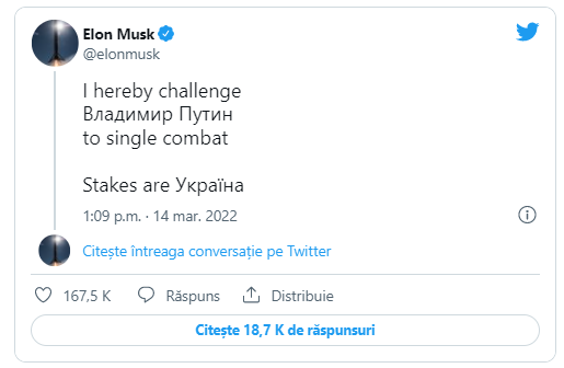 Elon Musk l-a provocat pe Vladimir Putin la o luptă directă, unu la unu: „Miza e Ucraina”
